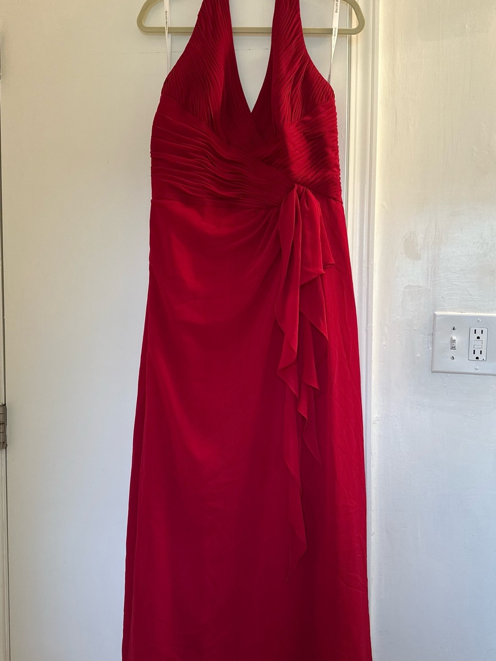David's Bridal Red V-Neck Maxi Dress with Ruffled Side Detail